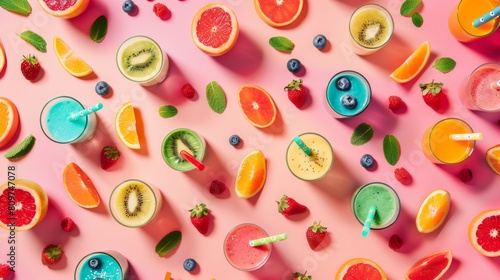 Colorful arrangement of spinning smoothie ingredients in a colorful pattern