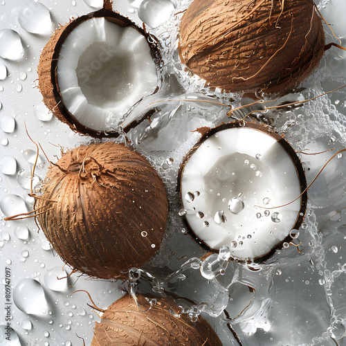 Four compact coconut, white background, water droplets on the surface. Close-up. (ID: 809747097)