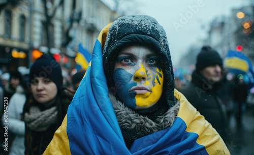 hildren with face painted in the colors of the Ukrainian flag, wrapped up and holding hands wearing a blue coat standing on a street lined with people cheering them photo