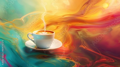 Colorful backdrop with a spinning cup of coffee in motion