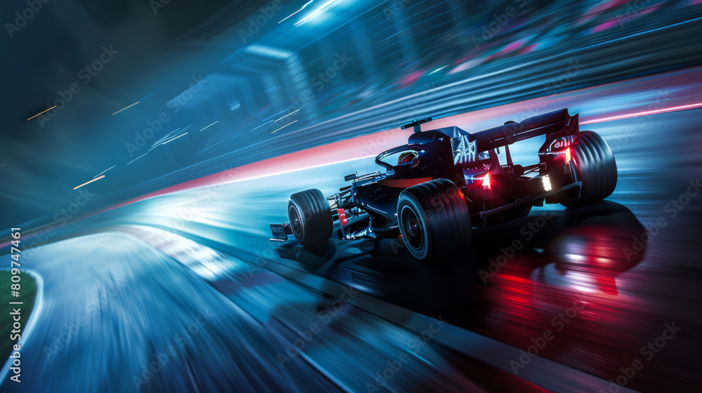 High-speed race car blitzes on a futuristic track. High-speed race car blitzes on a futuristic track.