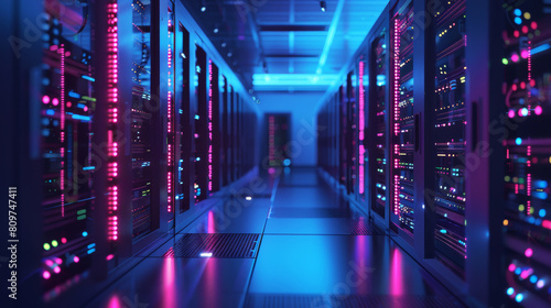 Futuristic data center with rows of illuminated server racks in a tech hub.