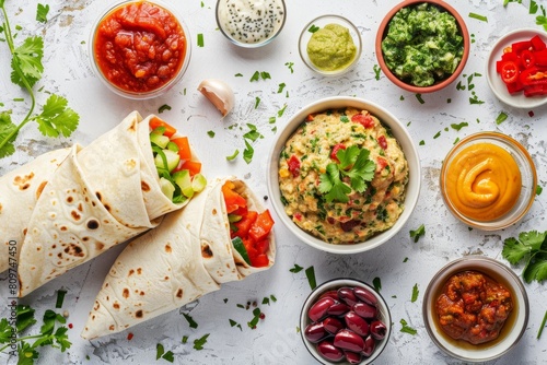 A table showcasing a variety of foods  including Indian veg chapati wraps and different dips  neatly arranged on a light sky background