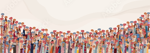 Banner with many raised hands of multicultural people from different nations and continents holding speech bubbles with text -Diversity - Equality - Inclusion - Tolerance and acceptance