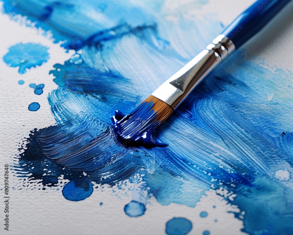 Obraz premium Dynamic watercolor painting session, scattered calligraphy brushes, vibrant ink wash technique