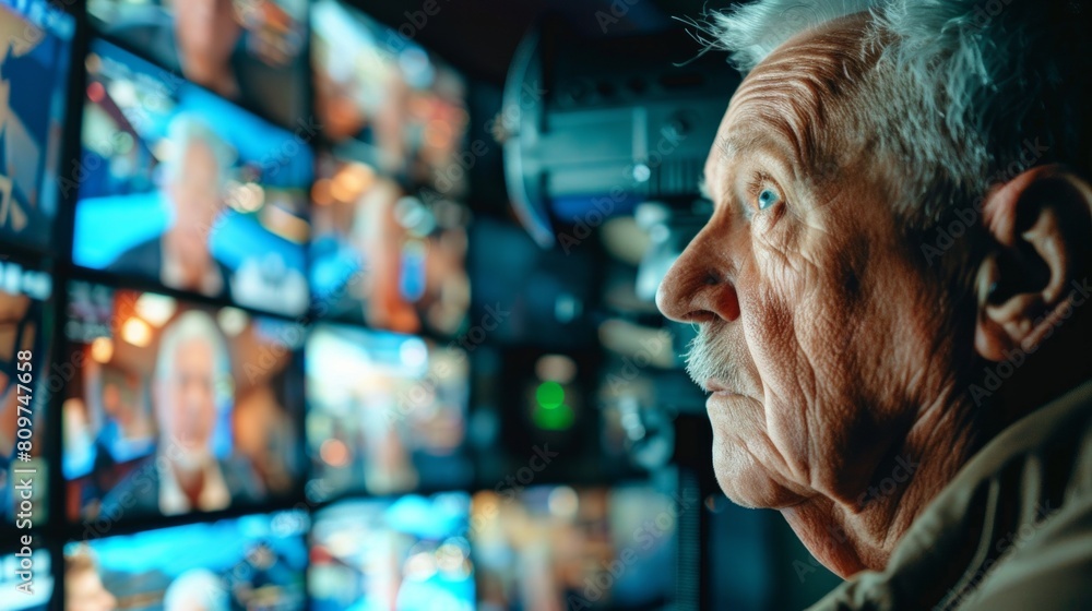 Portrait of Serious Professional Technical security Controller wearing uniform Sitting at His Desk with Multiple Computer Displays Before Him. Portrait of Serious Professional Technical security Controller wearing uniform Sitting at His Desk with Multiple Computer Displays Before Him.