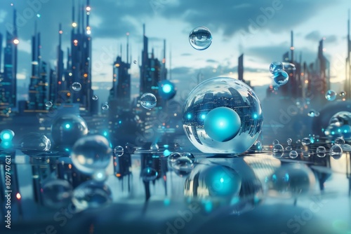 A futuristic cityscape with numerous bubbles floating in the air, representing hydrogen molecules in a wide-angle conceptual image