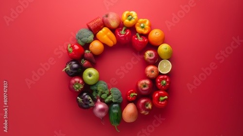 Conceptual image of spinning fruits and vegetables forming a circle, symbolizing unity © Cloudyew