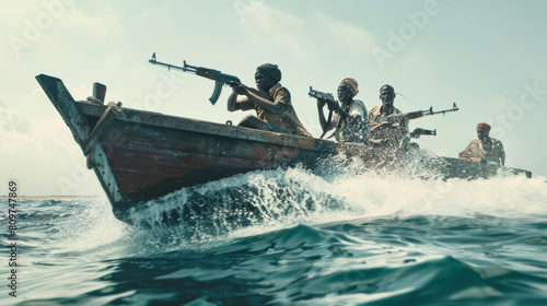 Fierce sun-lit pirates speeding on a rough ocean in a small boat. photo