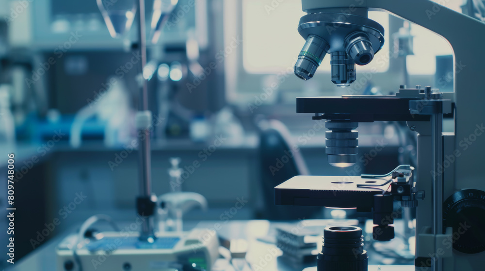 Close-up of a high-tech microscope in a blue-tinted lab. Close-up of a high-tech microscope in a blue-tinted lab.