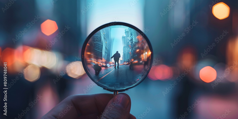 Man looking through a magnifying glass on a city street at night Man looking through a magnifying glass on a city street at night