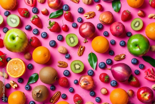 Various fresh fruits and vegetables arranged on a vibrant pink background