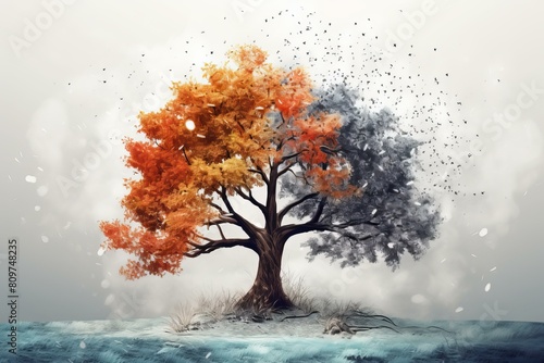 Digital artwork of a tree depicting four seasons, with a symbolic blend of colors and elements photo