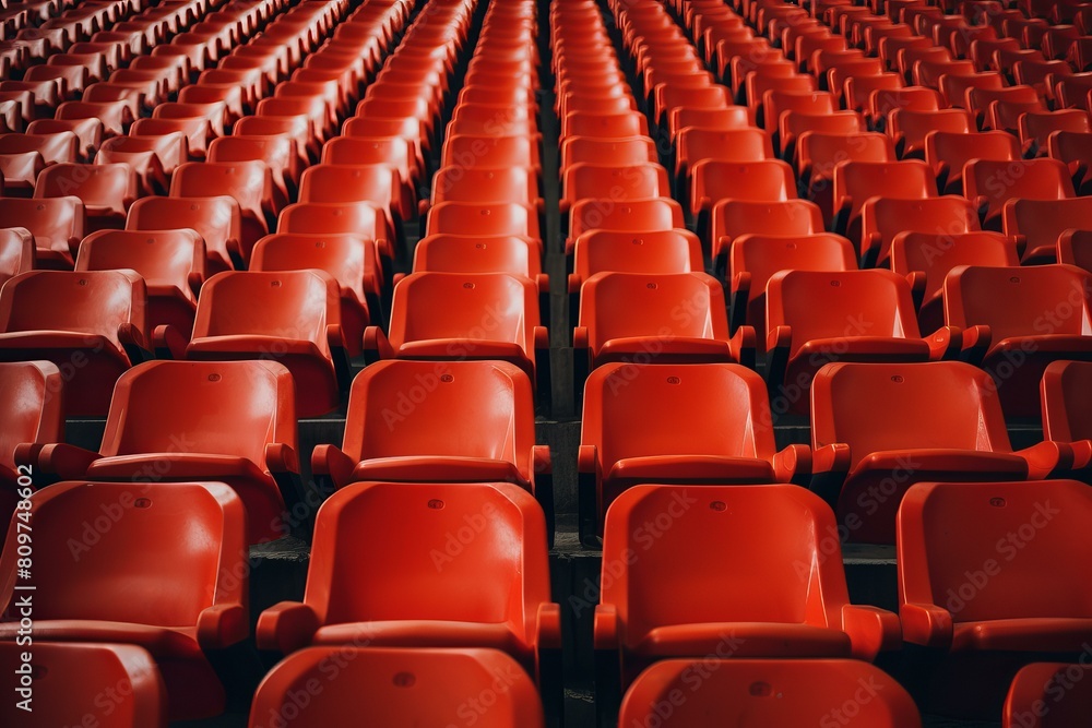 Fototapeta premium Rows of vibrant red seats span the frame in a deserted stadium, showcasing symmetry and repetition