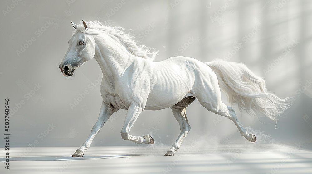 Capture the timeless elegance of a classical oil painting showcasing a white horse with smooth skin 