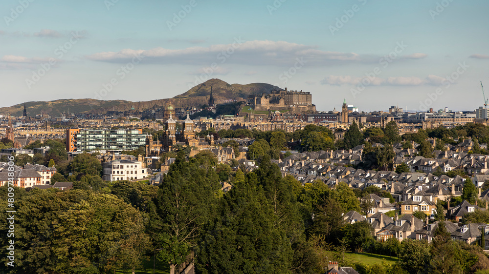 Fototapeta premium Edinburgh City rooftop panorama to Castle Scott Monument and Arthur's Seat