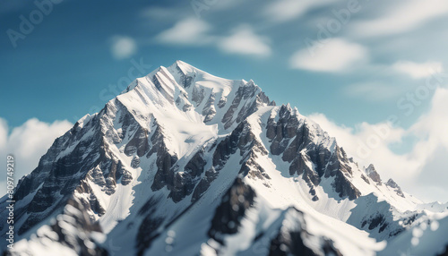 lose up view of snow-capped rocky mountain peak and blue open sky background  © abu