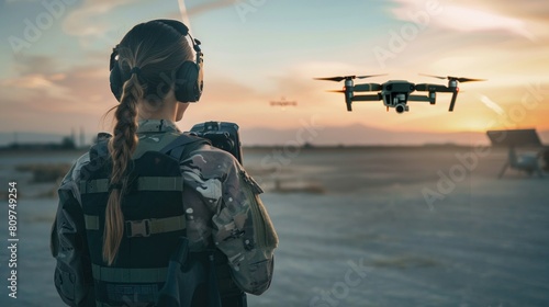 A woman in a military uniform is watching a drone fly in the sky