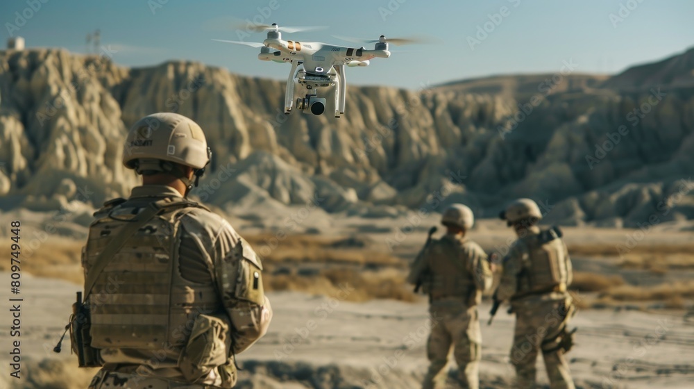 A man in a desert is watching a drone fly over him A man in a desert is watching a drone fly over him