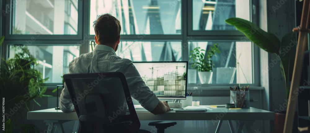 A man contemplates his next move in the solitude of a modern office environment. A man contemplates his next move in the solitude of a modern office environment.