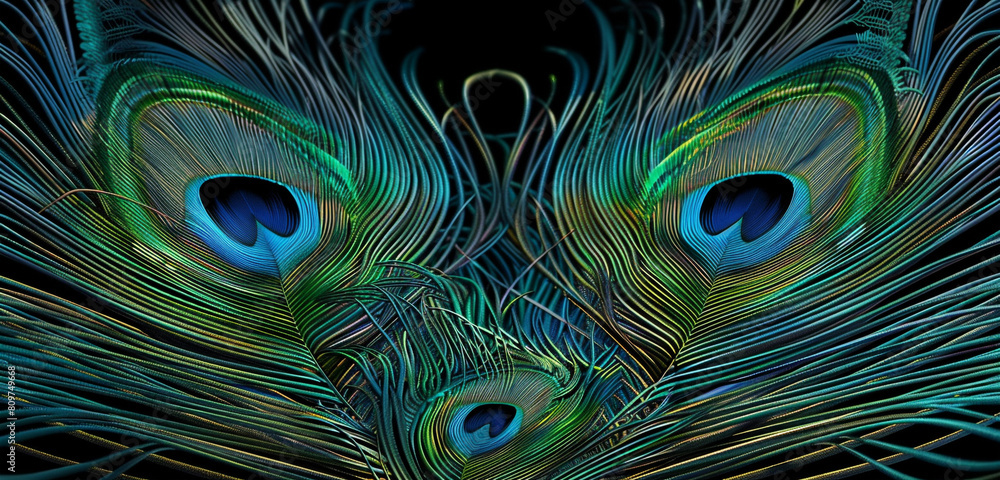 Fototapeta premium Fine lines in blues and greens form an elaborate peacock feather pattern.