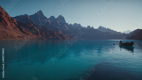 man in a boat on a lake with mountains in the background, behind that turquoise mountains, natural © Ozgurluk Design
