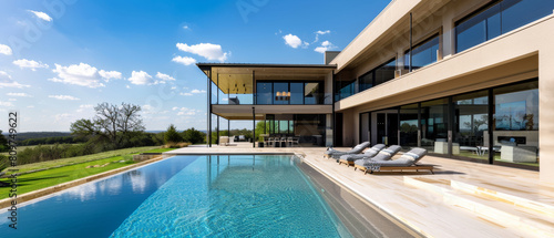 Luxurious modern house with a sleek design overlooking an infinity pool and vast landscapes.