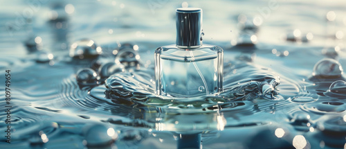 Exquisite perfume bottle on the cusp of a water drop impact, encapsulating refined luxury. photo