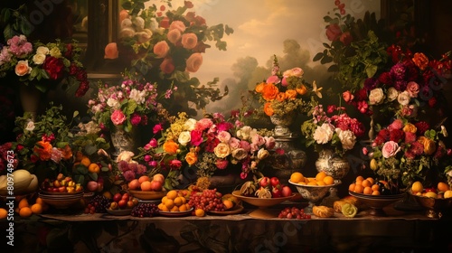 Opulent Baroque Still Life Backdrop with Lavish Florals and Abundant Fruit
