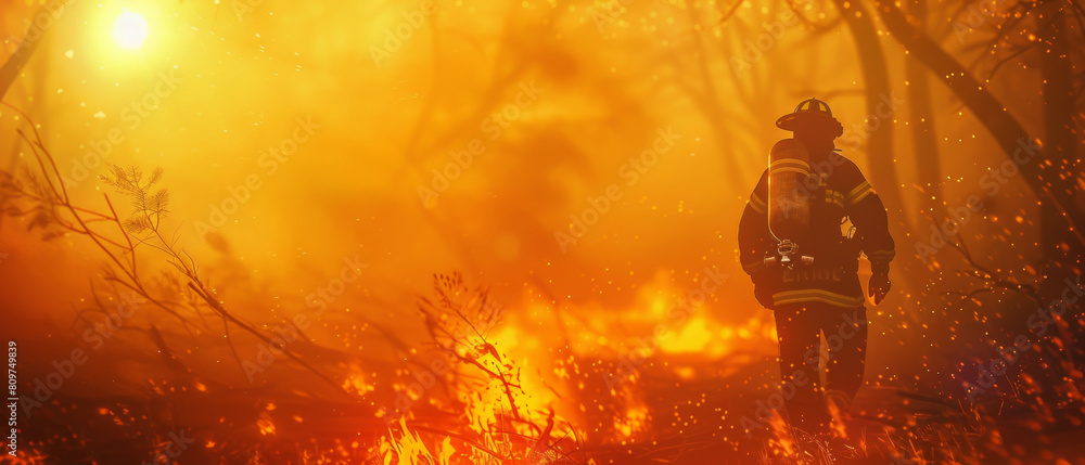 A firefighter walks through a blazing forest, combating a fierce wildfire.
