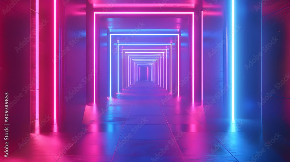 neon lights, glowing lines, a tunnel, virtual reality, an abstract background, a square portal, an arch, and vivid pink and blue hues