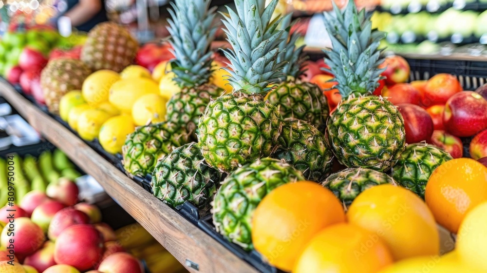 Pineapples, oranges, apples, and bananas arranged on a shelf in a supermarket Pineapples, oranges, apples, and bananas arranged on a shelf in a supermarket