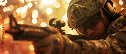 Soldier in combat gear aiming rifle amidst fiery explosion backdrop. photo