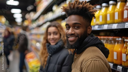 A man and a woman standing side by side in a grocery store aisle