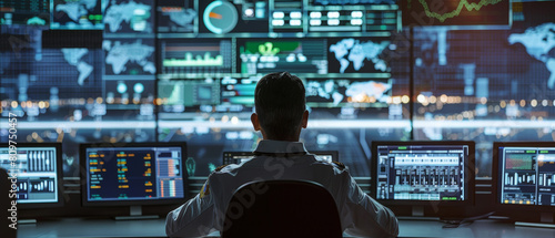 A person oversees multiple monitors in a high-tech command center, coordinating vast data streams.