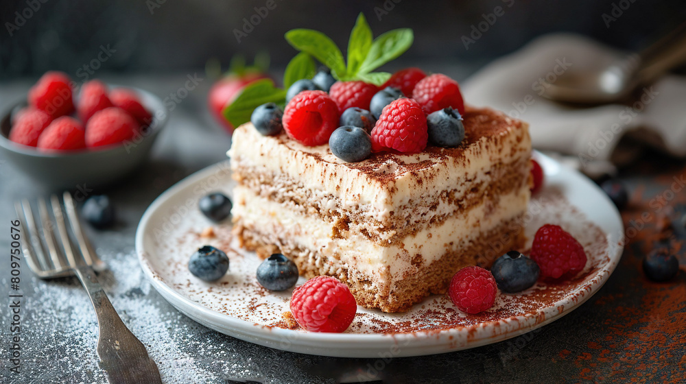 A plateful of cake topped with fresh berries and dusted with powdered sugar - perfect for indulging in a sweet treat! A plateful of cake topped with fresh berries and dusted with powdered sugar - perfect for indulging in a sweet treat!