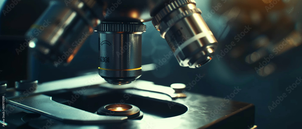 Close-up of microscope optics in a dark laboratory setting, hinting at research. Close-up of microscope optics in a dark laboratory setting, hinting at research.