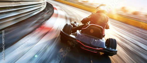 Speeding go-kart racer in motion, focus on the intensity of the active race. photo