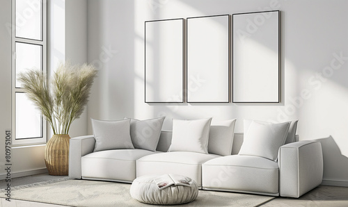 3d rendering, A simple living room with white walls, a sofa and table, and an empty frame on the wall above it