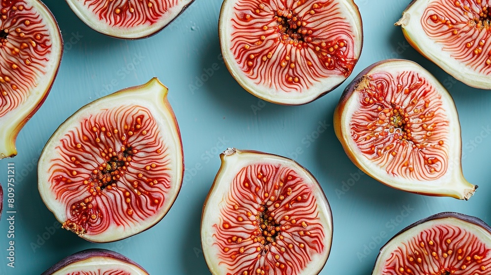 A close-up of half-cut figs on a blue surface with surrounding figs in the background A close-up of half-cut figs on a blue surface with surrounding figs in the background
