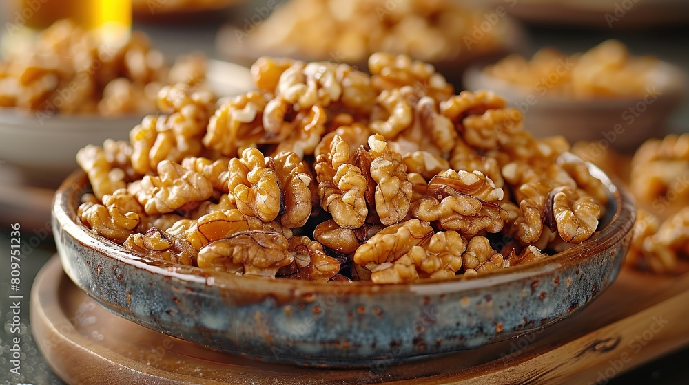 A bowl of walnuts sits on a wooden table alongside other walnut bowls A bowl of walnuts sits on a wooden table alongside other walnut bowls