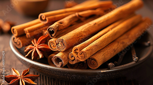   Cinnamon sticks and star anise on a plate, with 'dhan' written in the center photo