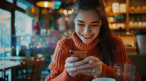 Happy woman sitting at a table in a cafe and using a smartphone  sipping coffee while looking at the screen of her mobile phone and smiling