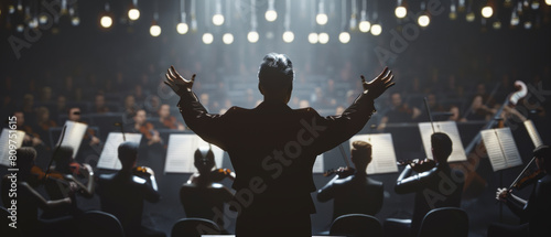 A conductor's grand silhouette commands the orchestra, a symphony of harmony carved by poise and passion.