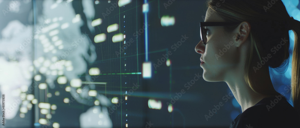 Focused woman wearing hi-tech glasses interacts with futuristic data on a virtual interface. Focused woman wearing hi-tech glasses interacts with futuristic data on a virtual interface.