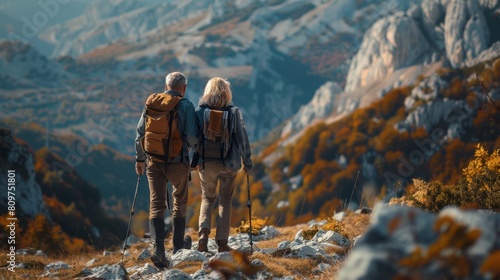 Senior mordern woman and man with backpacks hiking trekking on mountains.  Seniors active healthy lifestyle adventure journey vacations. Generative ai photo