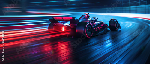 High-speed racing car streaks through a neon-lit track, motion blur highlighting velocity.