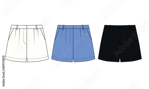Set of vector illustration of shorts with pockets, front view. Sketch of fashionable, short shorts, vector. Bermuda shorts template for women, white, blue, black colors.