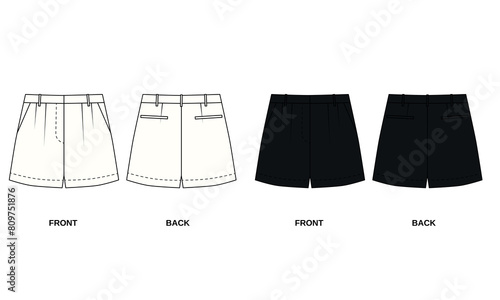 Set of vector illustration of shorts with pinch guards, front and back view. Outline drawing of stylish mini shorts. Bermuda shorts template for women, white and black colors.