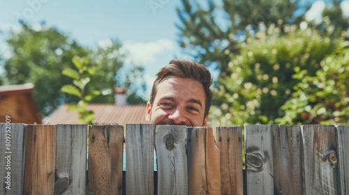 Happy man in looking out behind the wooden fence